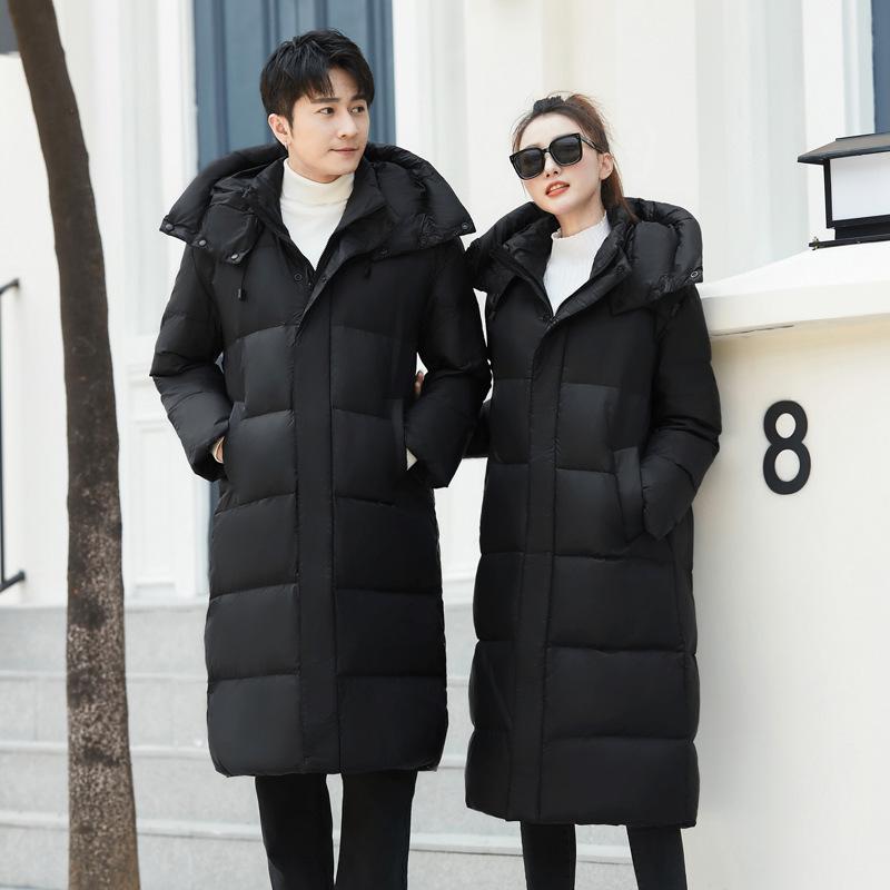 羽毛 ダウン ジャケット レディース 韓国風 ロング丈 カップル 用 厚手 防寒 フード 付き 冬 ブラック ゆったり ポリエステル｜イーマイショップ