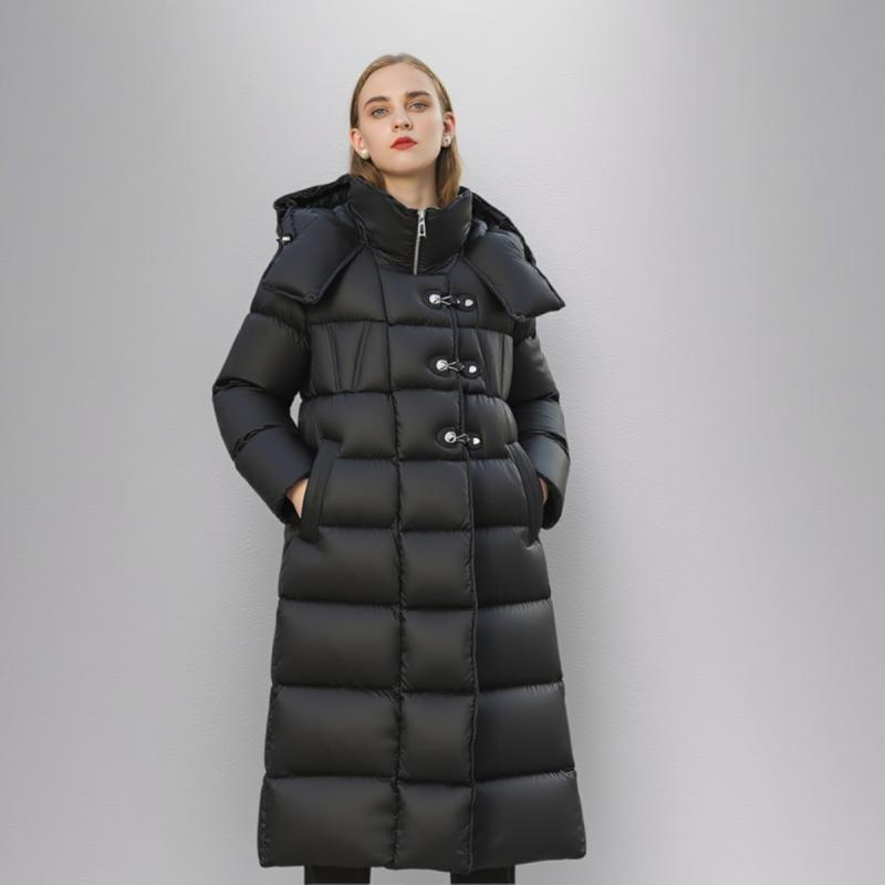 ダウンジャケット レディース 厚手 ゆったり 体型カバー 大きいサイズ ひざ丈 ロング丈 アウター 暖かい 防寒 ポリエステル 無地 カジュアル 秋冬 コーヒー色 ブラック