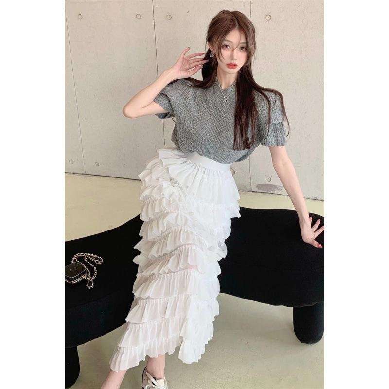 スカート 女性用 春夏 黒 白 杏色 切り替え プリント ネット シフォン ケーキスカート 中長丈 半身スカート 気質 通勤 都市風 アクネロン ストレッチ 軽量 通年 かわいい デザイン ロング スリム 百搭 カジュアル レイヤード 日常使い シンプル