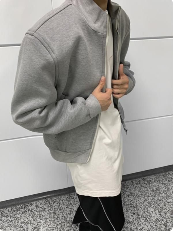 ジャケット メンズ 男性用 スタンドカラー パッド入りショルダー 春秋物 ルーズ ショート丈 フライトジャケット 無地 ポリエステル 黒 ブラック グレー