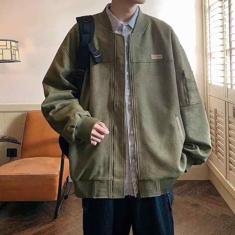 ジャケット 男性用 スエード 棒球襟 フライトジャケット アウター 春秋 普段使い ルーズフィット 立体ポケット ポリエステル 無地 グレー グリーン 4,824円