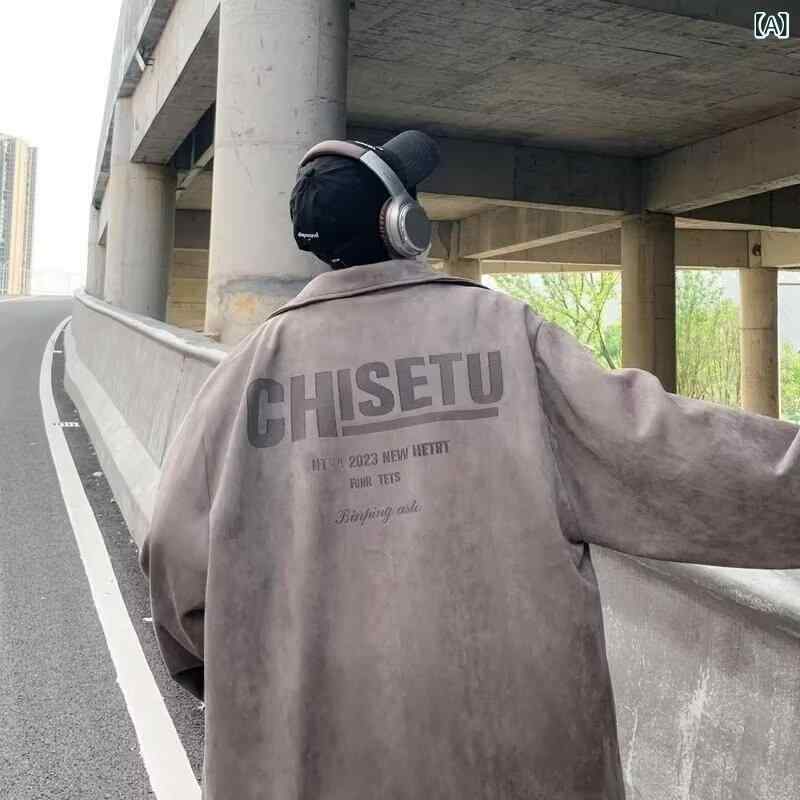 ジャケット 男性用 鹿皮 ベルベット アウター 春秋 ルーズフィット ゆったり カジュアル フライトジャケット 配色 切り替え 襟付き 長袖 トップス グレー 黒 ブラック ベージュ