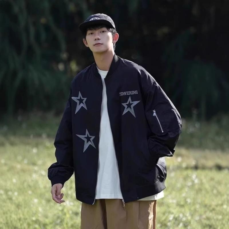 ジャケット 男性用 ベースボールスタイル フライトジャケット 春秋 ストリート カジュアル 防風 アウター 綿混紡 ブラック グレー