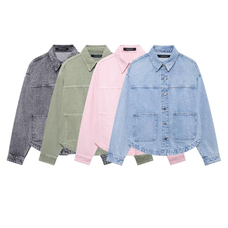 ジャケット レディース デニム 長袖 襟付き カジュアル 日韓風 ピンク系 グレー グリーン ブルー XS S M L