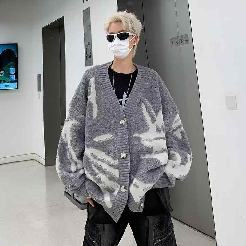 ニットカーディガン メンズ ルーズフィット オーバーサイズ 韓国系 ストリートファッション 青年 普段使い プルオーバー 杢グレー 紺 長袖 秋冬