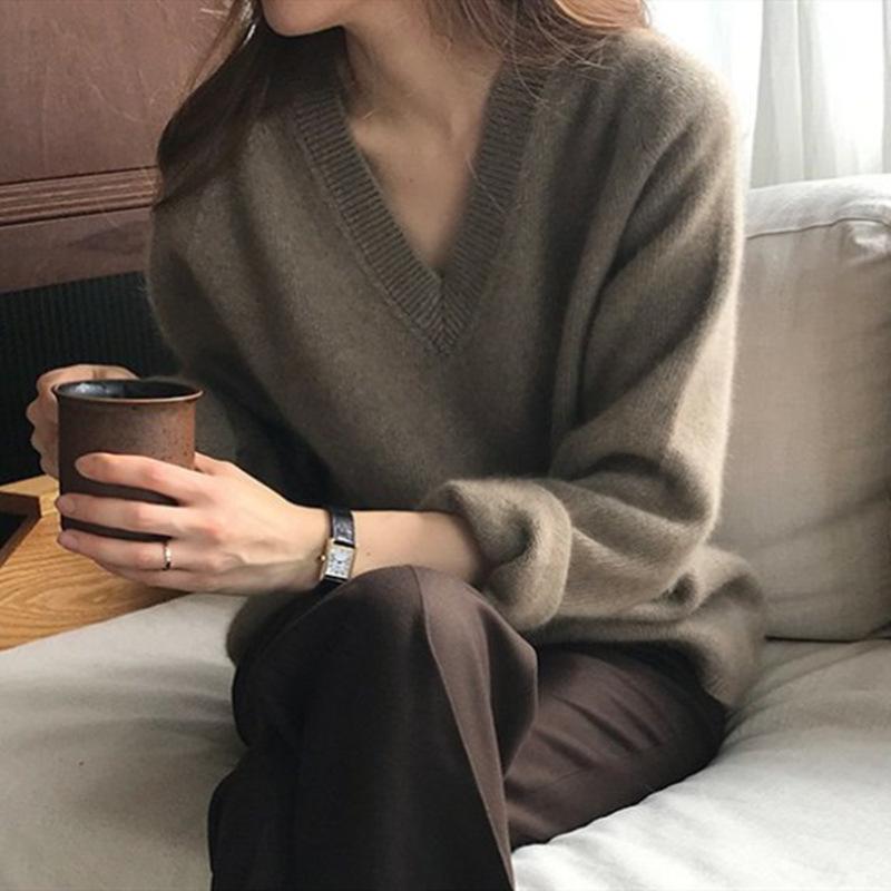 編み物 レディース 秋冬 Vのど首 長袖 ティーシャツ 羊毛 スウェーター ゆったり 大きめ大きさ 韓国風 無地 生あたたかい 今めかしい トップス 上衣 黒いこと 駱駝 米国海軍