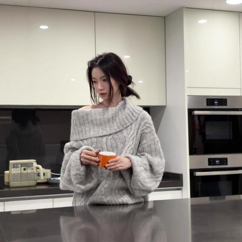 編み物 レディース 韓国風 大襟 長袖 有線テレビ編み ティーシャツ ゆったり トップス 秋冬 普段使い走り 会う約束