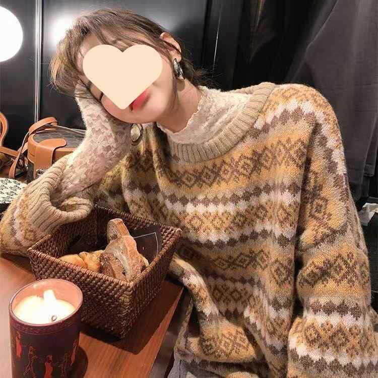 ニット レディース 秋冬 ゆったり 菱形柄 セーター デザインニット レトロ カジュアル 部屋着 韓国風 イエロー