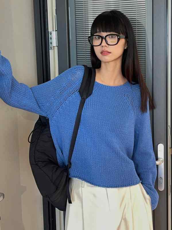 編み物 レディース スウェーター 長袖 丸首 綿織物 ゆったり ざっくり編み物 トップス 青色系 オートミール色 秋冬 韓国風 心地よい 普段使い走り 会う約束