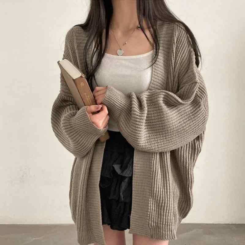 ニット カーディガン レディース 韓国風 秋冬 無地 ゆったり リラックス カジュアル ミディアム丈 トップス 長袖 普段使い デート 伸縮性