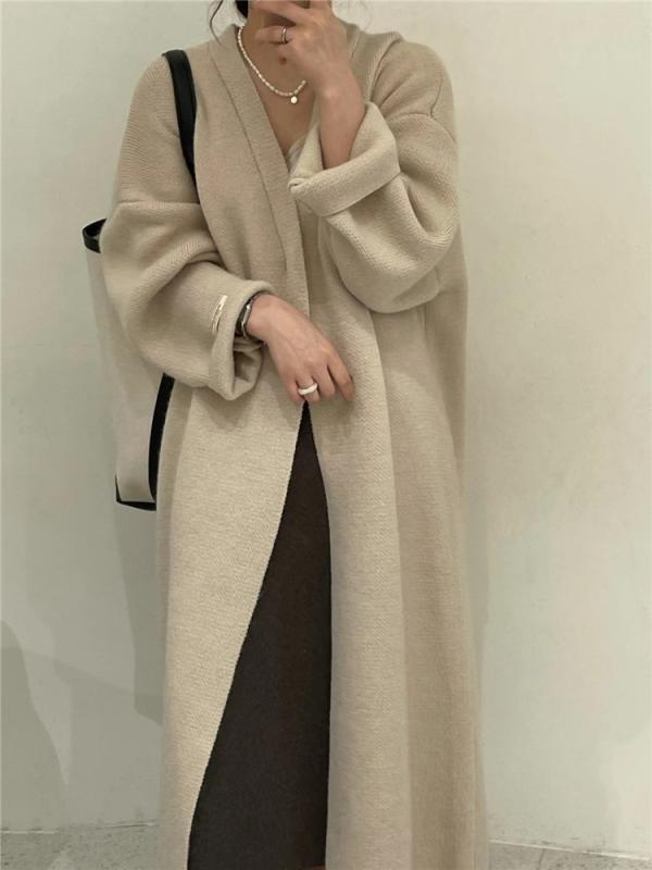 編み物 ジレー レディース 秋冬 韓国風 朦朦たる ロング丈 Vのど首 ゆったり 並み並み丈 ポリエステル 生あたたかい 羽織り 黒いこと 薄墨色 サクラ色系