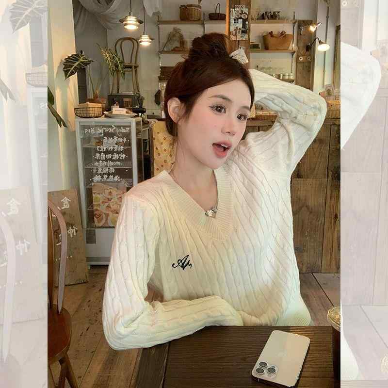 ニット レディース 秋冬 Vネック ケーブル編み セーター 杏色 ゆったり トップス 長袖 婦人服 通勤 オフィス カジュアル