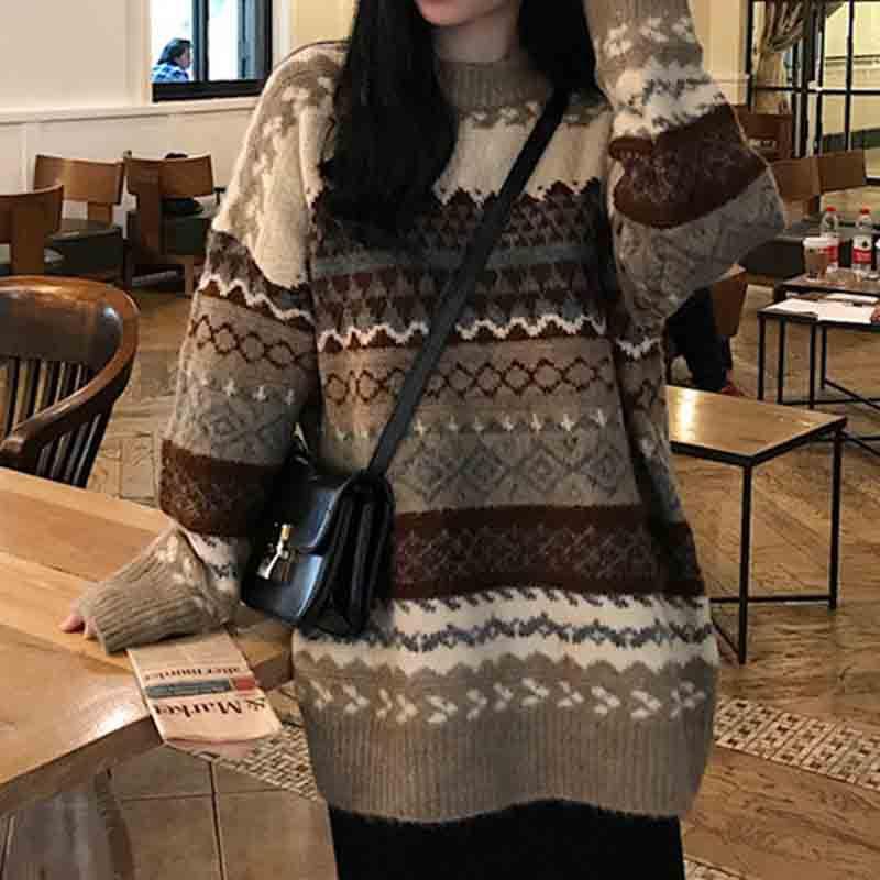 ニット レディース 秋冬 レトロ調 丸首 プルオーバー ゆったり 長袖 トップス カットソー 綿