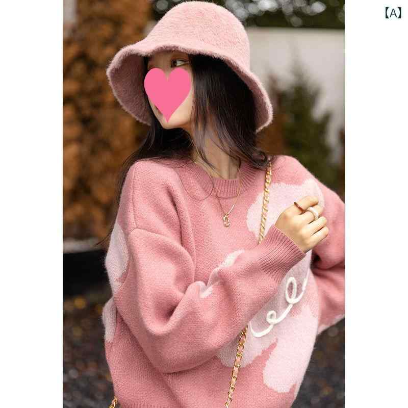 ニット レディース ラウンドネック 提花柄 セーター ゆったり 厚手 暖かい 長袖 プルオーバー ピンク系 カーキ リラックス かわいい フェミニン