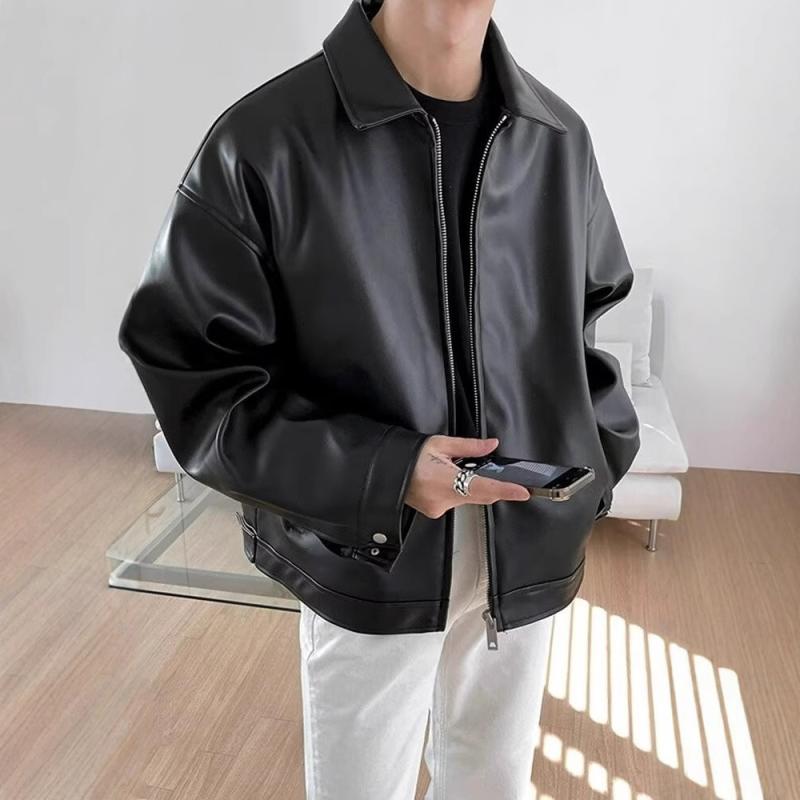 レザージャケット 男性用 PUレザー ブルゾン スタジャン風 アウター 襟付き 無地 黒 春秋 カジュアル ゆったりめ