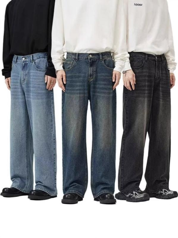 ジーンズ メンズ レディース ストレート デニムパンツ ウォッシュ加工 レトロ VIBE ワイド バギーパンツ イージーパンツ ロングパンツ