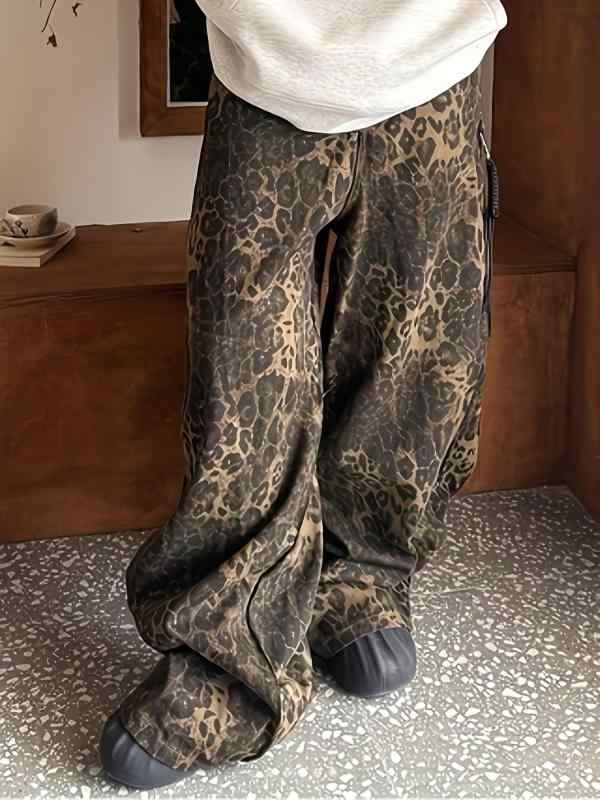 ジーンズ 男性用 ヒョウ柄 デニムパンツ ストレート ゆったり カジュアル アメカジ ウォッシュ加工 ダメージ加工 春 秋