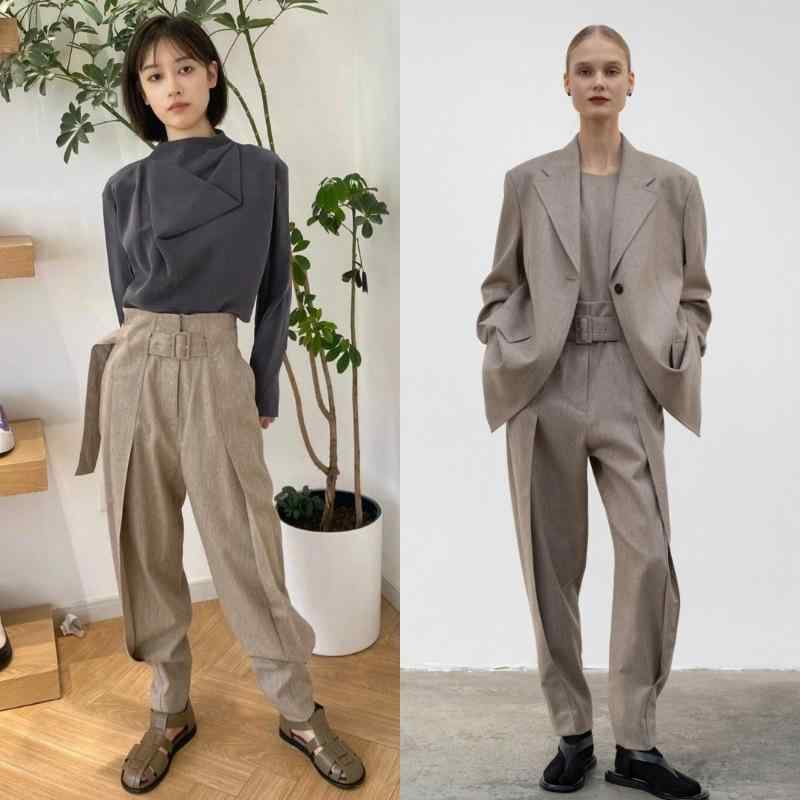 パンツ レディース 高腰 テーパードパンツ ウールブレンド 無地 通勤 小尻効果 美脚 着痩せ ゆったり 体型カバー Khaki｜イーマイショップ
