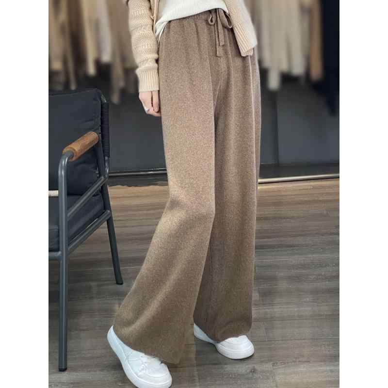 パンツ レディース 秋冬 ウール ニット ワイドレッグパンツ 高腰 暖か 厚手 ゆったり ストレート ズボン カジュアル リラックス あったか 伸縮性 無地 黒