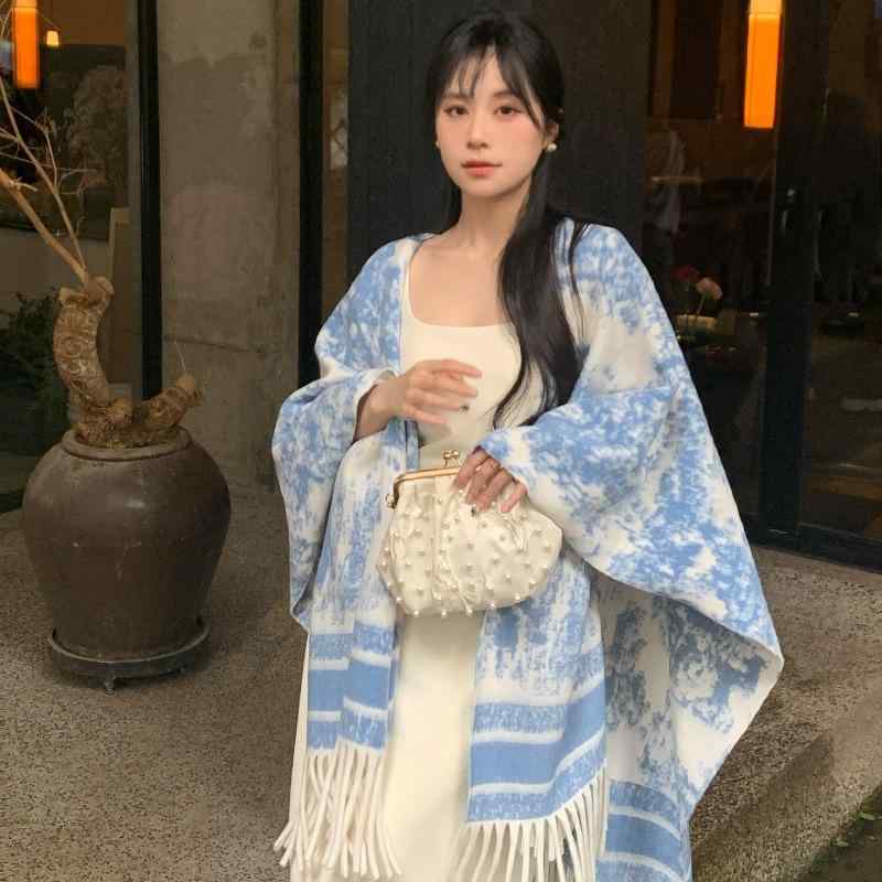 ショール ストール ポンチョ レディース 秋冬 幾何学模様 大判 暖かい 防寒 ひざ掛け 羽織り アウター ケープ ブラック系