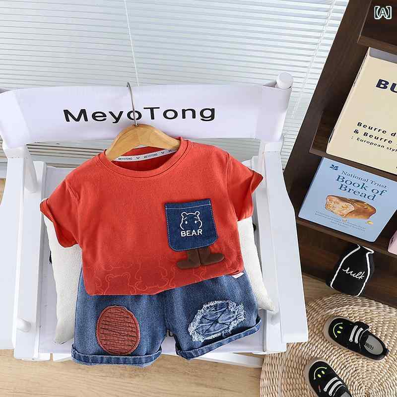 子供服 ベビー服 夏物 パンツセット デニム ポケットベア Tシャツ 赤ちゃん 半袖 薄手 かわいい 幼児 上下セット 80 90 100 110 120