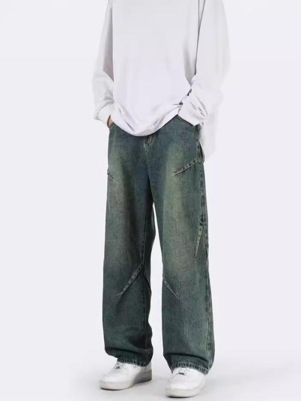 デニム メンズ 秋冬 ワイドレッグ ウォッシュ加工 ストレートパンツ ヴィンテージスタイル リラックスフィット ジーンズ 普段使い デイリーユース ブラック グリーン ブルー
