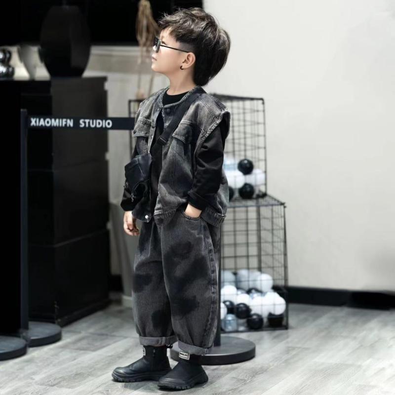 子供服 男の子 デニム ベスト & パンツ 2点セット 韓国風 カジュアル 綿81% 春秋 アンサンブル