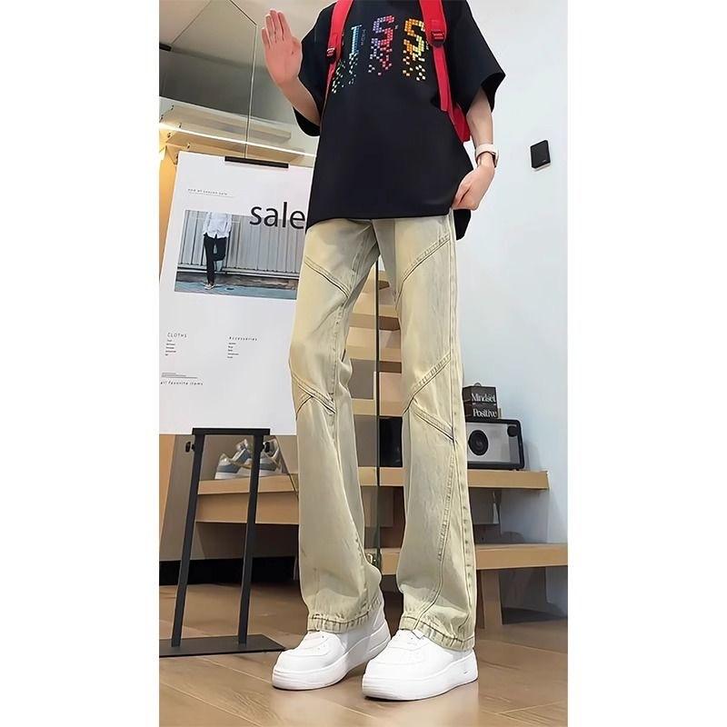 ジーンズ 男性用 ヒップホップ デニムパンツ 微フレア ロングパンツ ウォッシュ加工 ブラック イエロー 耐摩耗性 普段使い