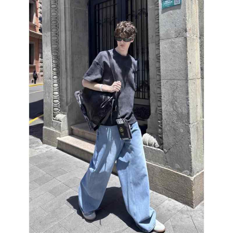 ジーンズ メンズ 男性用 デニムパンツ ルーズフィット ストレートパンツ ゆったり リラックス カジュアル ストリート ミドルウエスト コットン 黄泥 ブルー