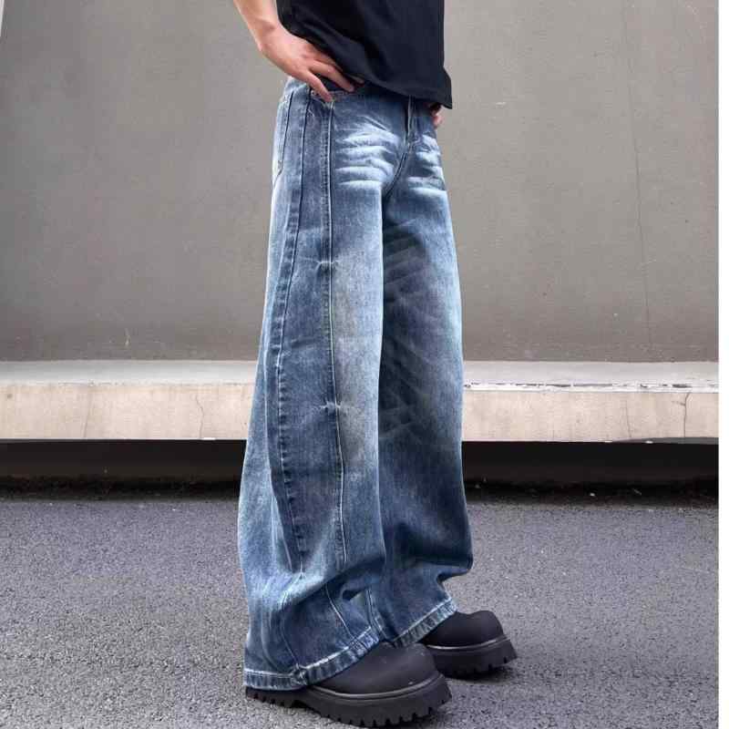 ジーンズ メンズ 水洗い加工 デニムパンツ ストレート ジーパン ズボン ボトムス ゆったり ルーズフィット カジュアル アメカジ ブルー 春夏