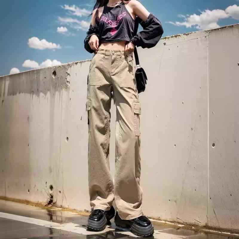 レディース デニムパンツ 牛仔パンツ ハイウエスト 直筒 ワイドパンツ 工装風 ミリタリーパンツ カーキ ・柑其色 ポリエステル 再生繊維 ?合面料 中厚 微? 伸縮性 ポケット 基本款 長ズボン 日韓スタイル 休?風 通勤用 普段使い 軽量 免?処理 吸