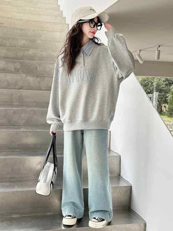 子供服 女の子 春秋 パンツセット チェック柄 スウェットシャツ 長袖トップス デニムパンツ カジュアル 2点セット