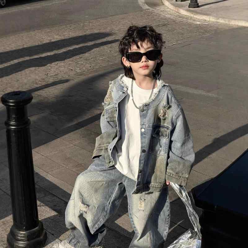 キッズ デニム セットアップ 男の子 子供服 春物 薄手 ジージャン ロングパンツ 通気性 普段着