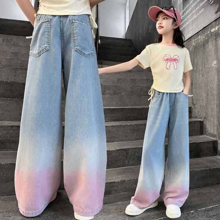 子供服 パンツ 女の子 夏 デニム ワイドレッグパンツ 接触冷感 薄手 90%綿 中大童 ロングパンツ 120cm 130cm 140cm 150cm 160cm 170cm 4,772円