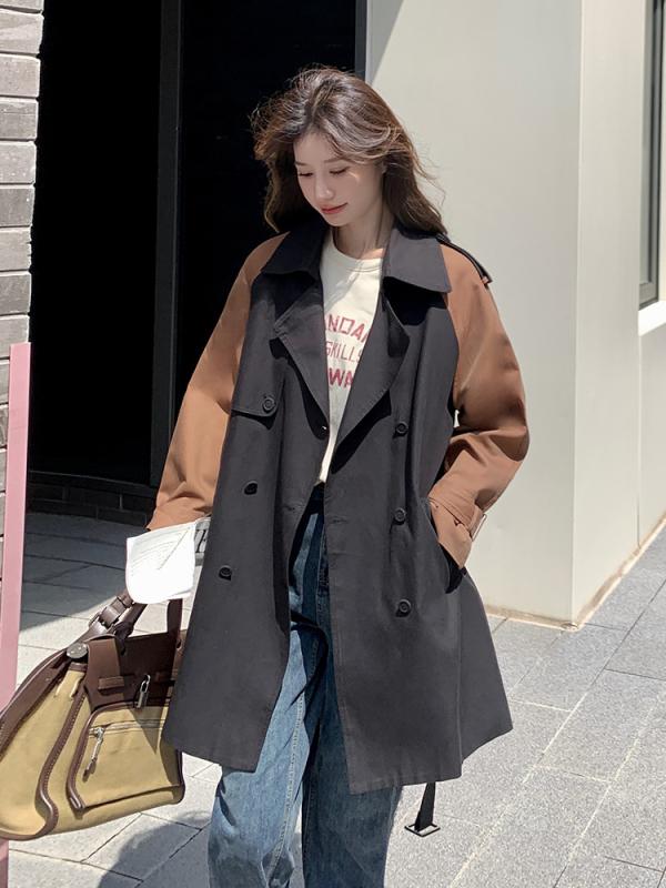 コート レディース 秋冬 アウター 韓国風 スーツ襟 バイカラー 切り替え ベルト付き スタイリッシュ エレガント 通勤 ポリエステル