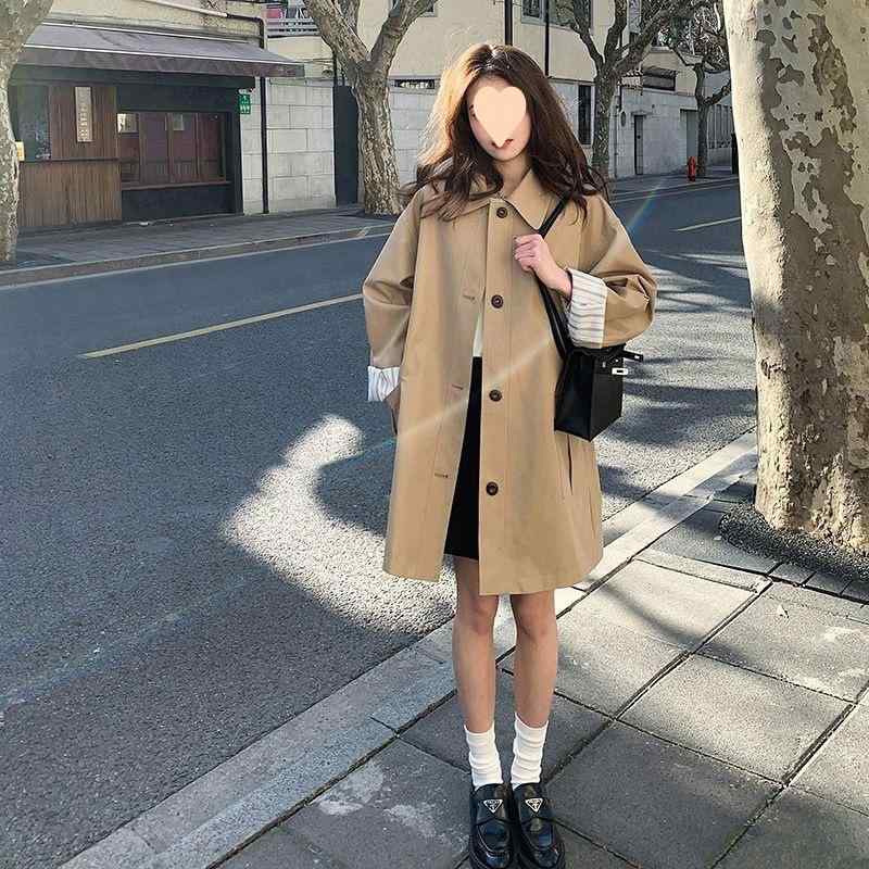 厚地の外套 レディース スプリングコート 真っただ中丈 時間 韓国風 ゆったり 心地好い カーキ色 アウター コート・ジャケット-レディースファッション
