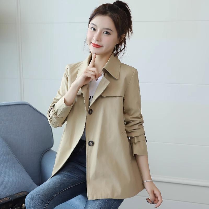 レディース スプリングコート 春秋 韓国風 ポリエステル ポロ襟 小柄 通勤 アウター カーキ色 ブラック ブルー