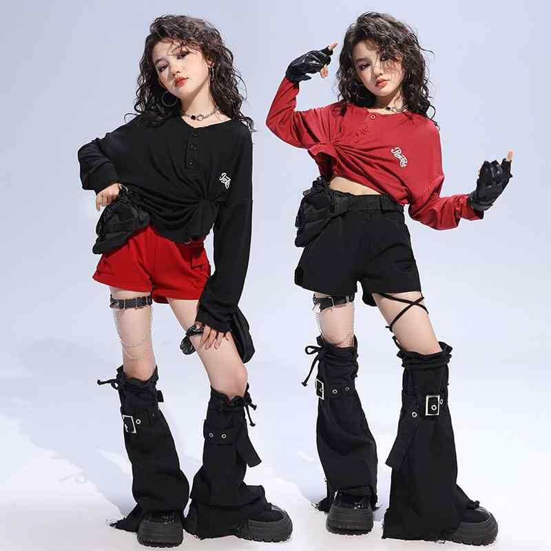 ダンス衣装 キッズ 女の子 ジャズダンス hiphop 上下セット チアガール トップス パンツ ズボン 練習着 演出服 舞台服 発表会 ストリート 黒 ブラック 赤 レッド