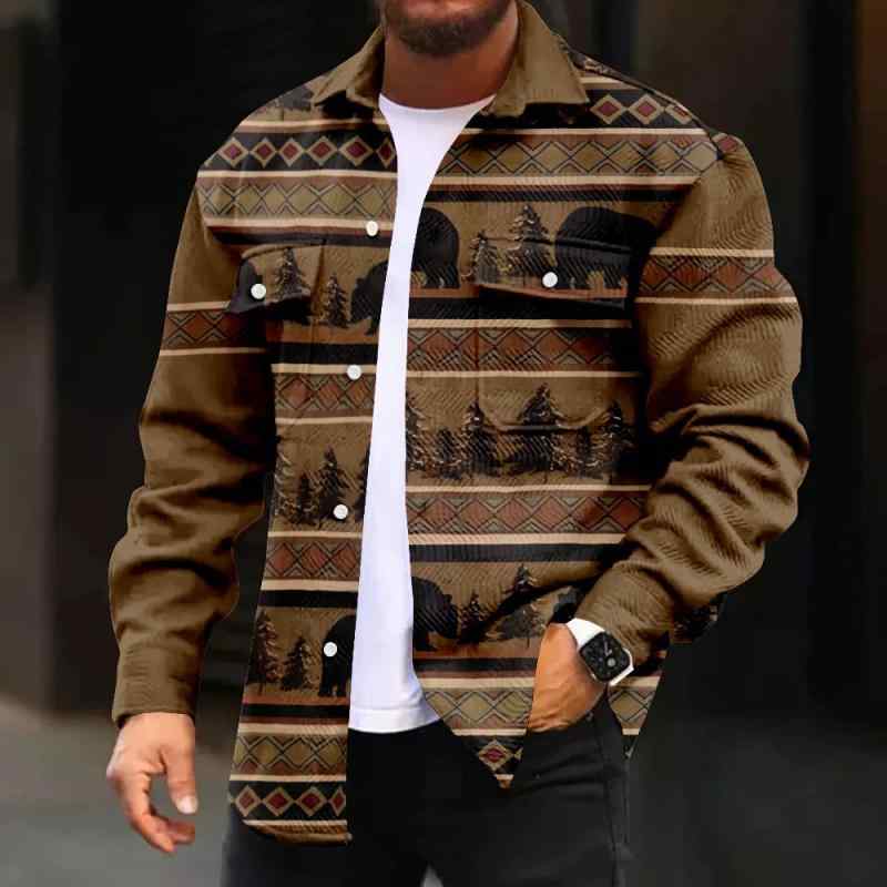ジャケット 男性用 翻襟 長袖 ストリート カジュアル 秋物 アウター メンズ 青年 ポリエステル 柄物