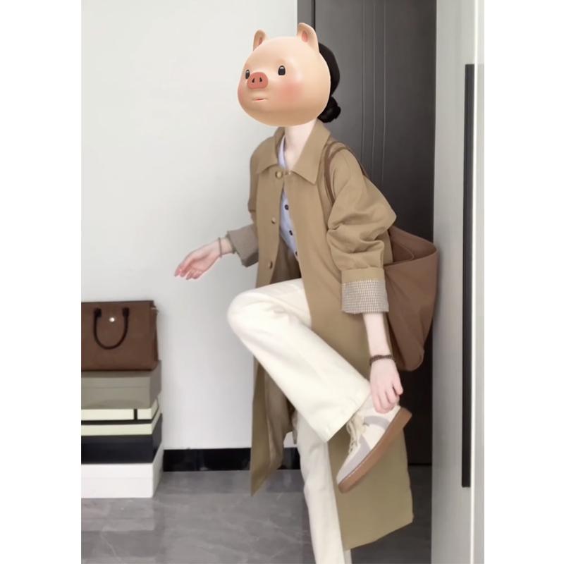 コート レディース 春秋 カジュアル カーキ色 トレンチコート アウター ミドル丈 小柄 長袖 ヘップバーン風 かわいい ゆったり 普段使い 通勤