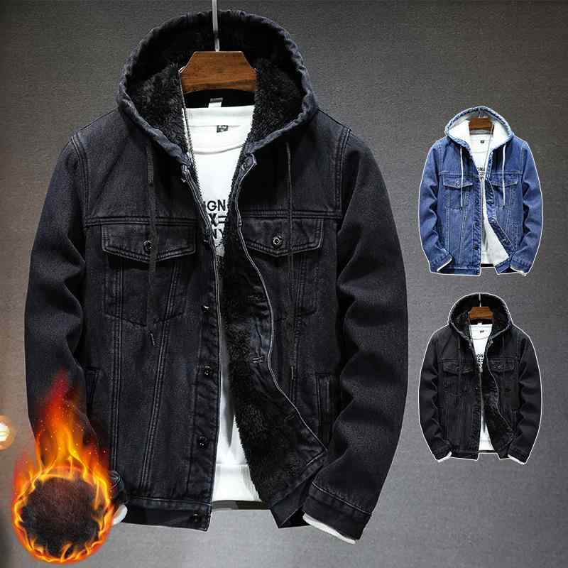 メンズ デニムジャケット 裏ボア 防寒着 フード付き Gジャン アウター 男性用 ブルゾン ジャンパー 厚手 防風 防寒 あったか 暖かい 秋冬 ブルー ブラック