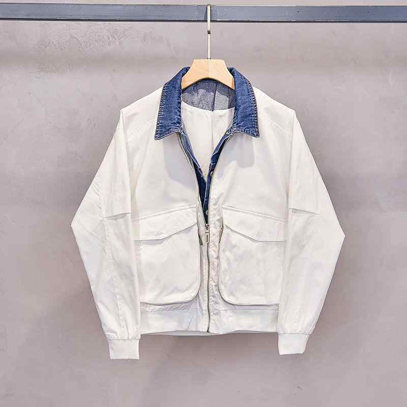 ジャケット 男性用 デニムジャケット ブルゾン 切り替え 普段使い 修身型 ポリエステル 黒 ブラック 白 ホワイト
