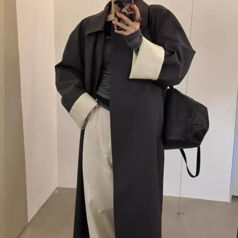 レディース トレンチコート 春秋 ロング丈 天絲 テンセル 綿 混紡 ゆったり 無地 ミリタリー カーキ グレー 長袖 ドロップショルダー アウター