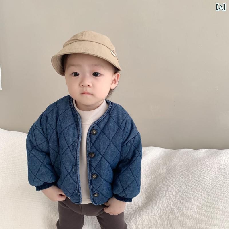 ベビー服 子供 秋冬 デニム コットン ジャケット 裏起毛 パンツ 3点セット 幼児 男女兼用 長袖 格子柄 66cm 73cm 80cm 90cm 100cm