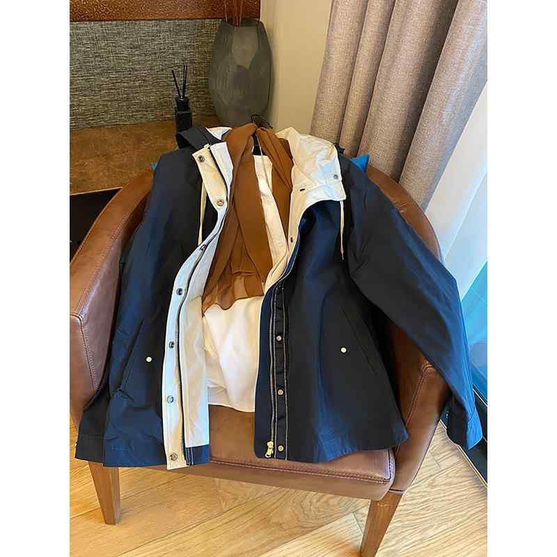 ウィンドブレーカー レディース 小柄 春秋 韓国風 女性用 アウター 春 秋 ショート丈 フード付き ジャンパー 紺色
