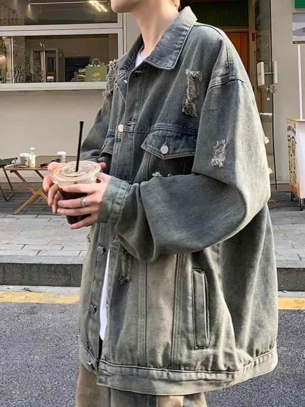 デニムジャケット メンズ ウォッシュ加工 ダメージ加工 Gジャン ブルゾン 春秋 カジュアル ゆったり ブラック ブルー