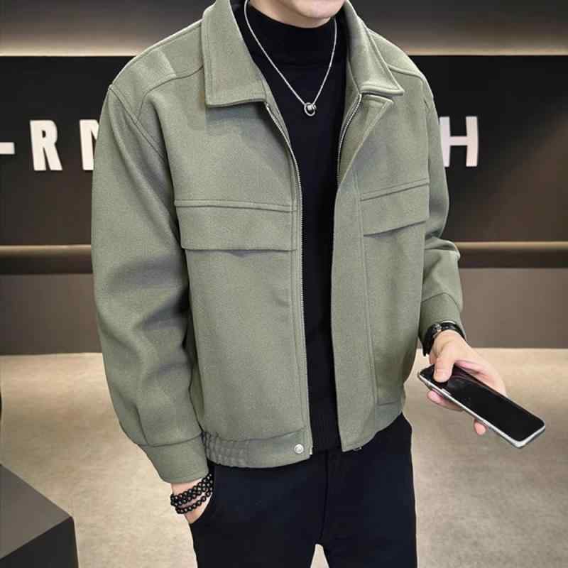 ジャケット 男性用 ウール混紡 ブルゾン 襟付き ライトアウター 秋冬 無地 M L XL 2XL 3XL 黒 緑 普段使い