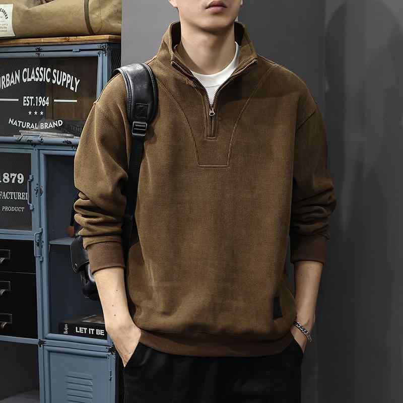 汗水 メンズ 成人男性用 トップス コール天 秋冬 長袖 スポーツシャツ ハーフジップ 照明ランプ色合い ゆったり 普段使い走り 気が大きい お部屋着 360g ヘビーウェイト