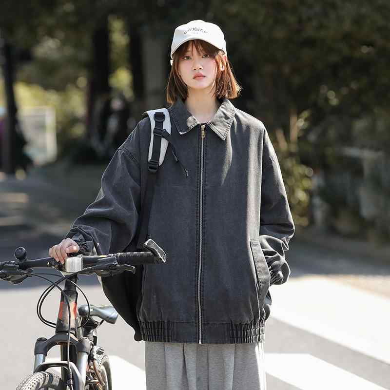 ジャケット 男性用 レトロ ウォッシュ加工 襟付き ブルゾン メンズ ストリートファッション リラックスフィット 無地 通気性 耐摩耗性 防風性 24-35歳 春秋 ポリエステル 綿 ブラック ライトグレー 5,969円