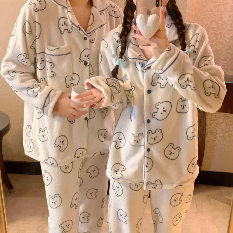 パジャマ レディース 秋季 部屋着 上下セット フランネル 寝間着 長袖 長ズボン 襟付き あったか ふわふわ M L XL 2XL オフホワイト